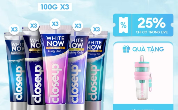 ￼[LIVE] Combo 3 kem đánh răng CLOSEUP White Now - Trắng Bật Tông 3X tức thì từ Công nghệ Ánh Sáng Xanh 100g 