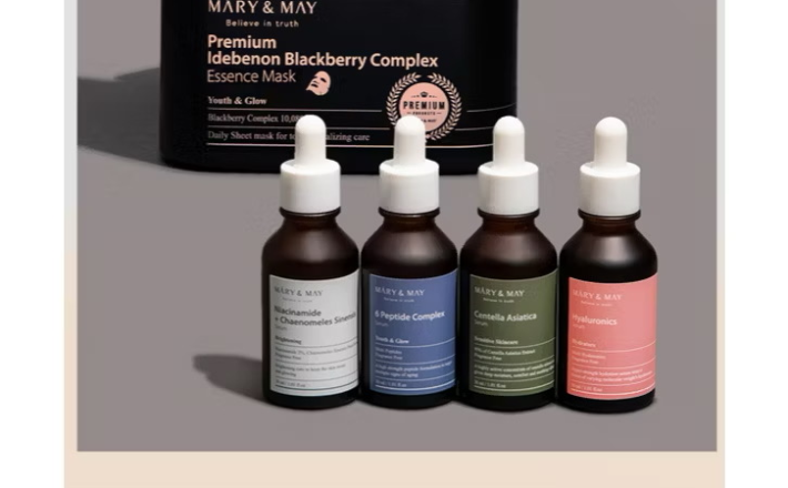 ￼Mặt nạ dưỡng chất cao cấp Mary&May Premium Idebenone Blackberry Complex Essence Mask 400g (20 miếng) 