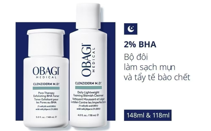 ￼Bộ đôi dưỡng da Toner BHA giảm mụn và Sữa rửa mặt Obagi Medical Clenziderm M.D BHA (148ml & 118ml) 