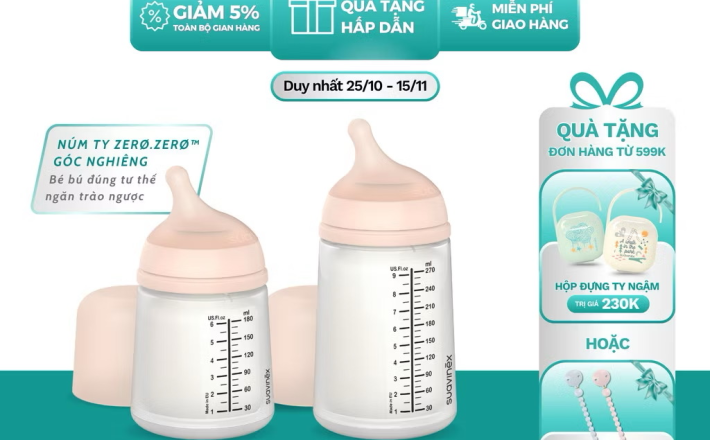 Bình sữa chống đầy hơi SUAVINEX ZERO.ZERO cho bé từ 0 tháng tuổi - 180ml & 270m 