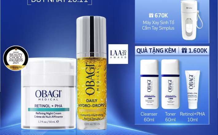 ￼Bộ đôi Kem tái tạo & ngăn ngừa lão hóa da Obagi Medical Retinol + PHA 50ml và Serum Daily Hydro-Drops 30ml 