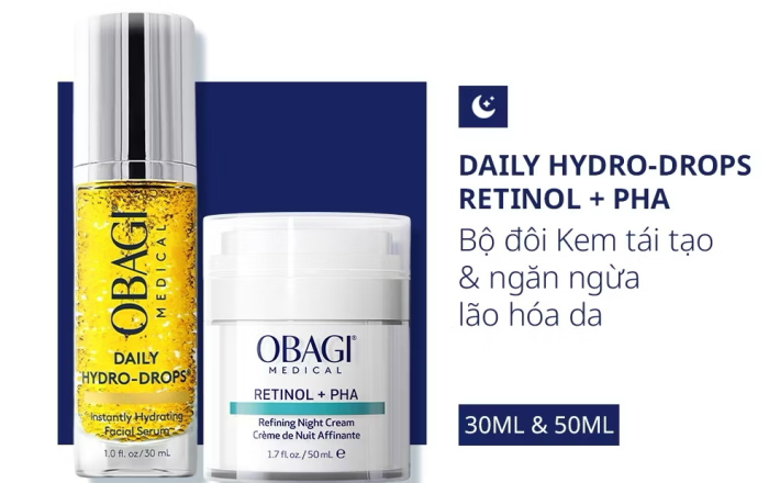 ￼Bộ đôi Kem tái tạo & ngăn ngừa lão hóa da Obagi Medical Retinol + PHA 50ml và Serum Daily Hydro-Drops 30ml 