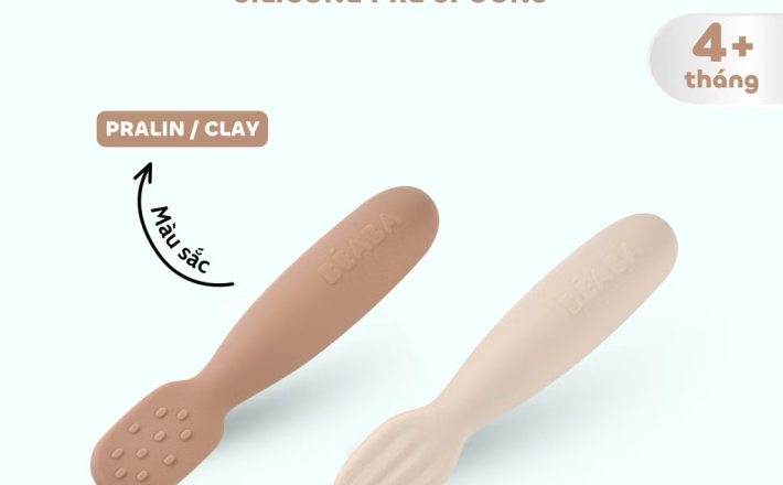 ￼Bộ 2 thìa ăn dặm Silicone PRE-SPOON BÉABA cho bé từ 4 tháng tuổi 