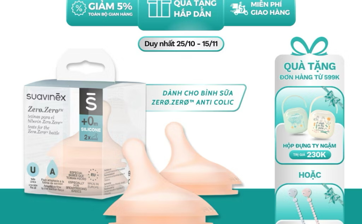 ￼Bộ 2 núm ty thay thế dành cho Bình sữa ZERO.ZERO SUAVINEX 