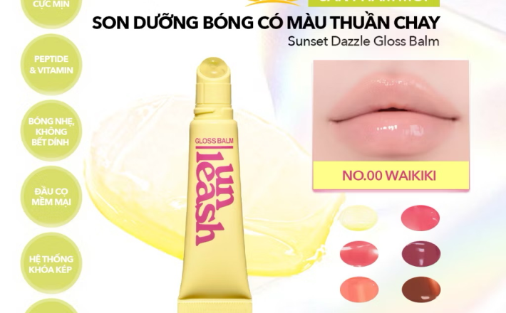 ￼SON BÓNG DƯỠNG CÓ MÀU THUẦN CHAY UNLEASHIA Sunset Dazzle Gloss Balm 10g 