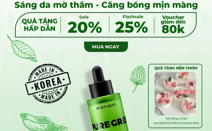 Serum Pure Green B'origin 30ml - Chứa Lô Hội & Bakuchiol, làm da căng mượt, tăng độ đàn hồi