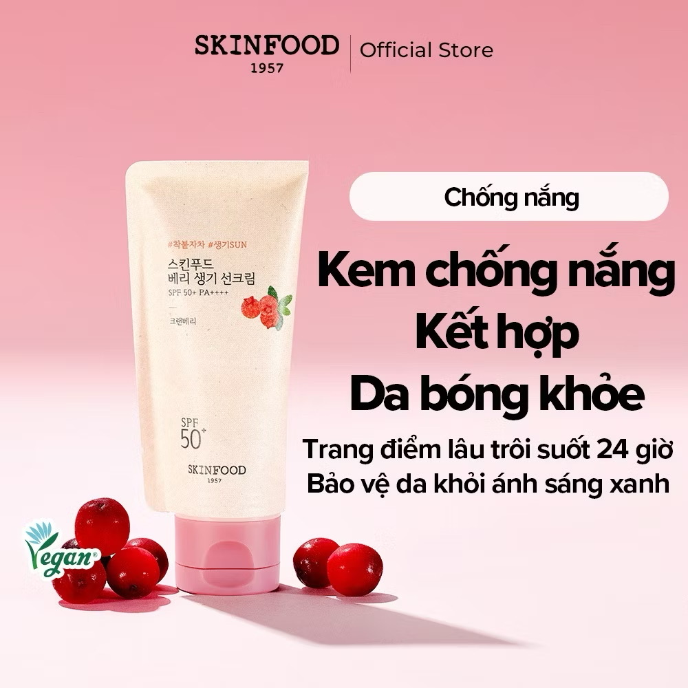 ￼[SKINFOOD Official] Kem chống nắng quả berry, hỗn hợp, cấp ẩm nâng tông Berry Glowing Hybrid Sunscreen SPF 50+ PA++++ 50ml 