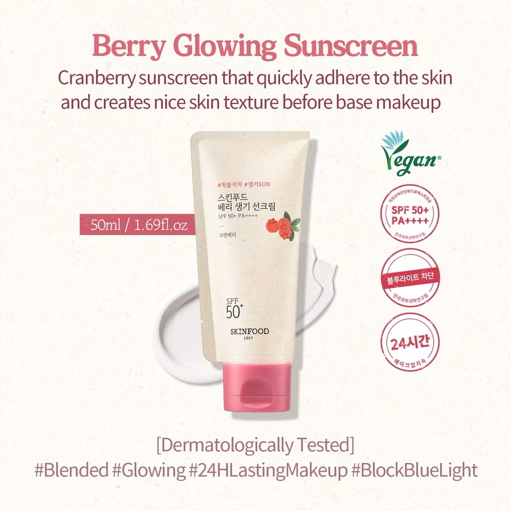 ￼[SKINFOOD Official] Kem chống nắng quả berry, hỗn hợp, cấp ẩm nâng tông Berry Glowing Hybrid Sunscreen SPF 50+ PA++++ 50ml 