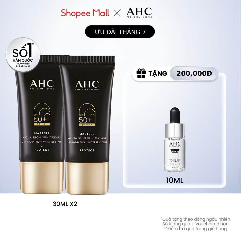 ￼[MUA 1 TẶNG 1] Kem chống nắng AHC phổ rộng 400nm căng mướt da chuẩn Hàn Masters Aqua Rich Sun Cream 30ml 