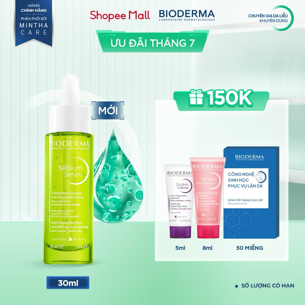 ￼Tinh chất sáng mịn, mờ thâm Bioderma Sébium Serum cải thiện toàn diện da dầu mụn - 30ml 