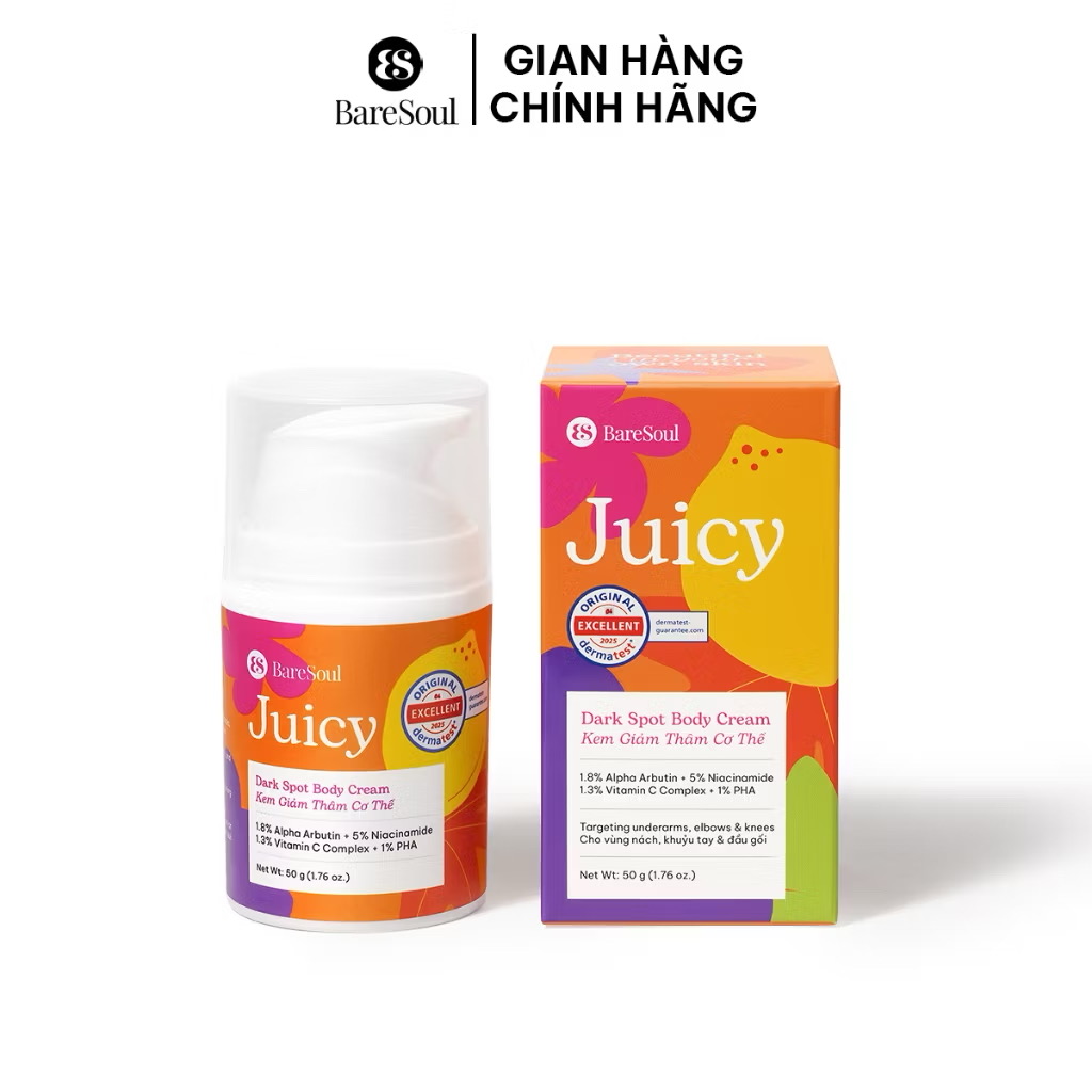 ￼Kem làm sáng, giảm thâm mông, nách, bikini, đầu gối, khuỷu tay với Alpha Aburtin, Niacinamide BareSoul Juicy 50g 