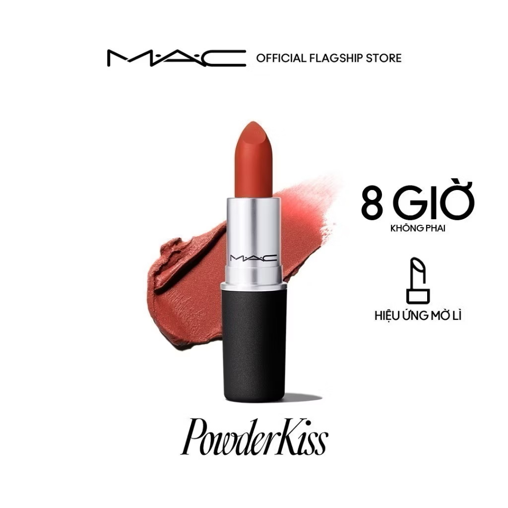 ￼Son thỏi lì MAC Powder Kiss Lipstick đem đến hiệu ứng mịn lì nhẹ môi giúp làm mờ vân môi và dưỡng ẩm 
