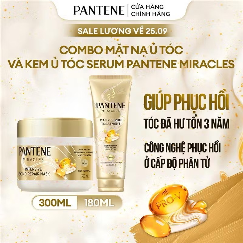 ￼Combo Mặt Nạ Ủ Tóc Chuyên Sâu Hộp 300ML & Kem Ủ Tóc Serum PANTENE Miracles Phục Hồi Liên Kết Tóc Tuýp 180ML 