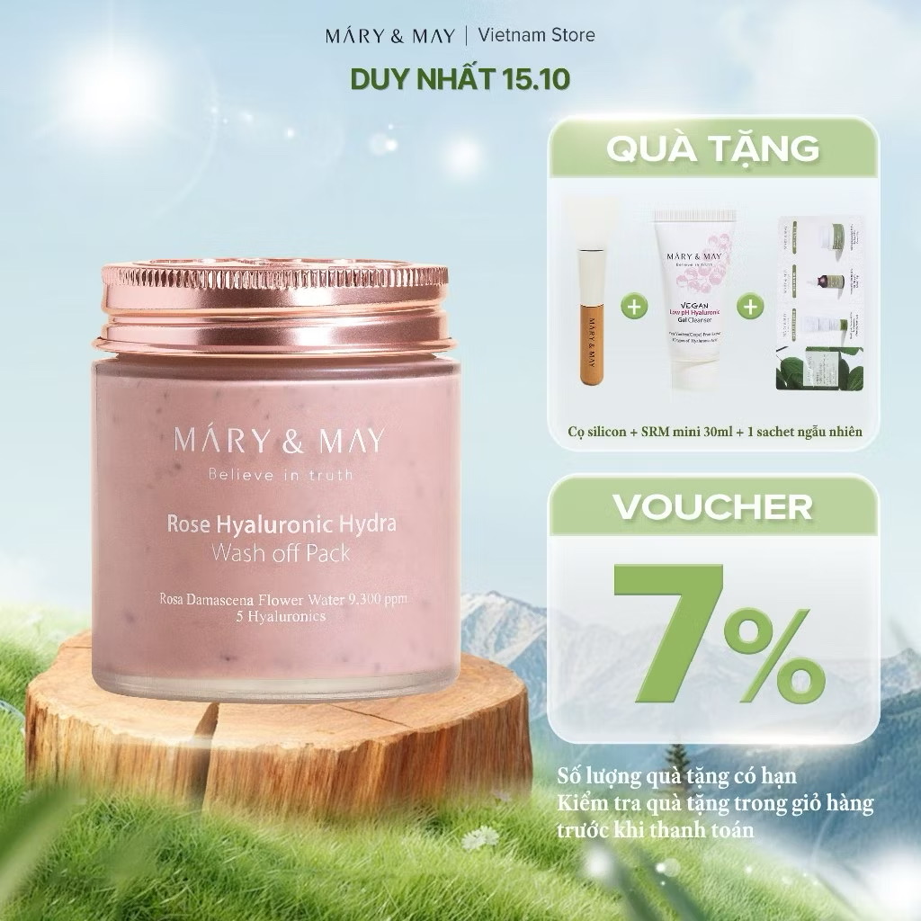 ￼Mặt Nạ Đất Sét Hoa Hồng Mary&May Rose Hyaluronic Hydra Wash Off Mask125g 