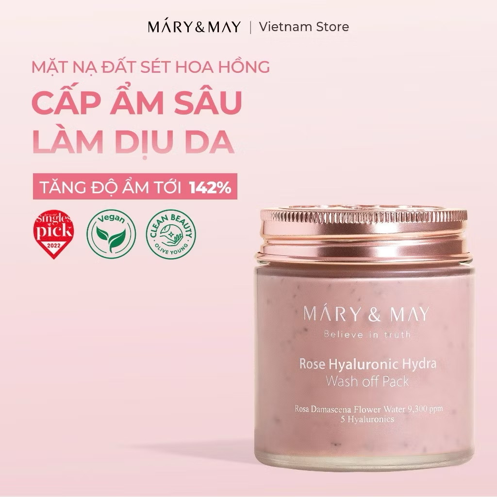 ￼Mặt Nạ Đất Sét Hoa Hồng Mary&May Rose Hyaluronic Hydra Wash Off Mask125g 