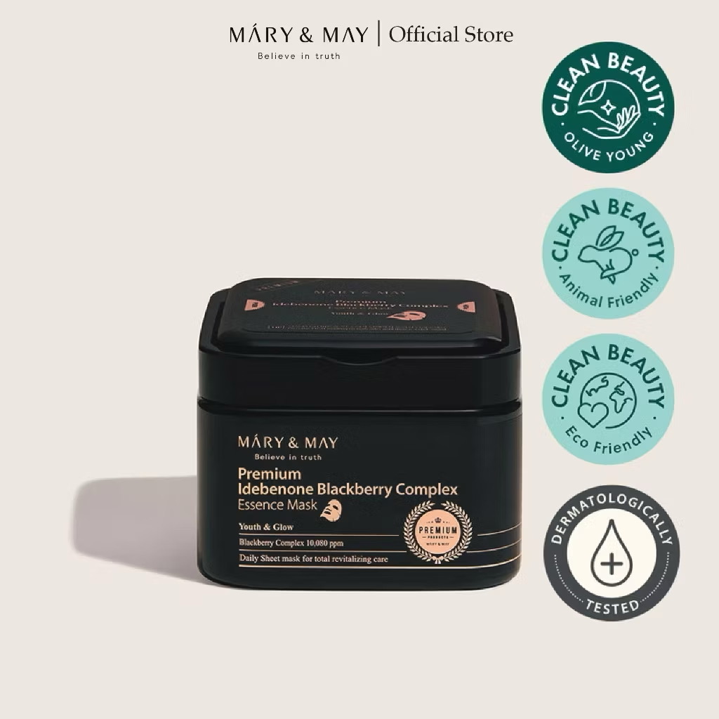 ￼Mặt nạ dưỡng chất cao cấp Mary&May Premium Idebenone Blackberry Complex Essence Mask 400g (20 miếng) 