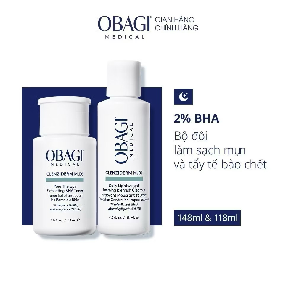 ￼Bộ đôi dưỡng da Toner BHA giảm mụn và Sữa rửa mặt Obagi Medical Clenziderm M.D BHA (148ml & 118ml) 