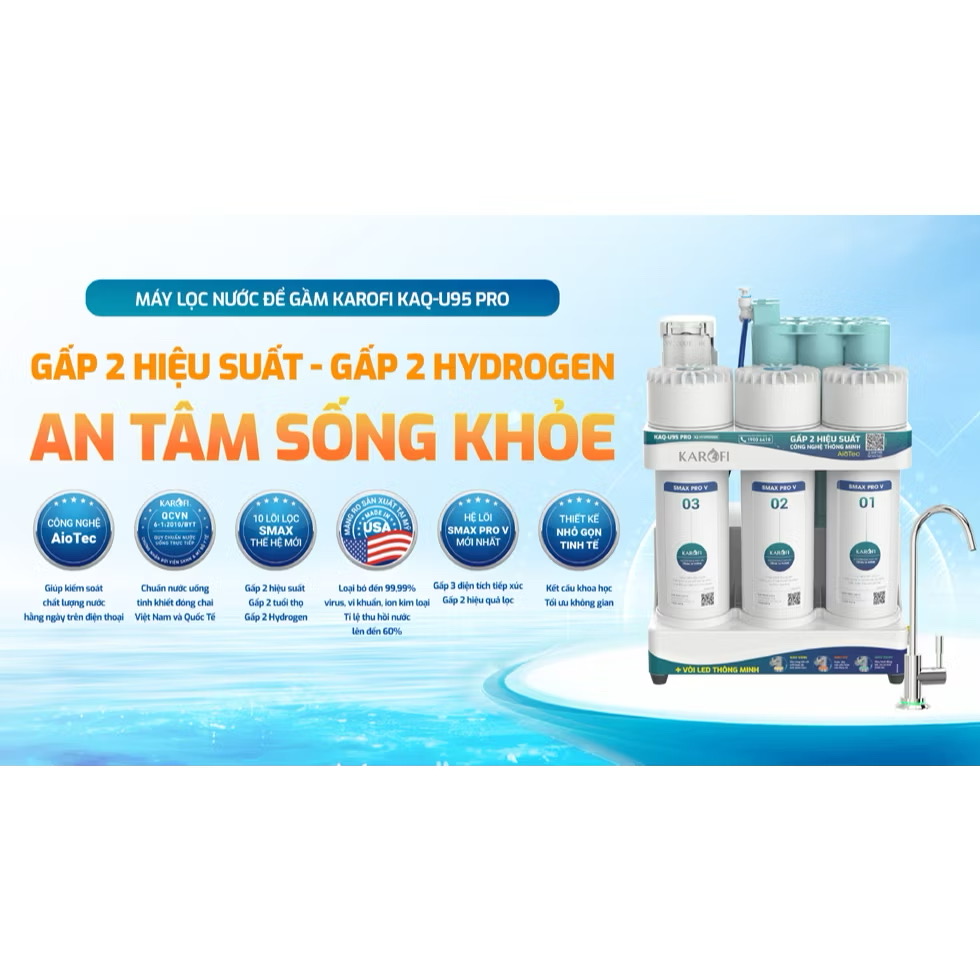 ￼Máy lọc nước Karofi KAQ-U95 Pro, 10 Lõi, Aiotec, MƠI 2025, BẢO HÀNH CHÍNH HÃNG 3 NĂM TẠI NHÀ 