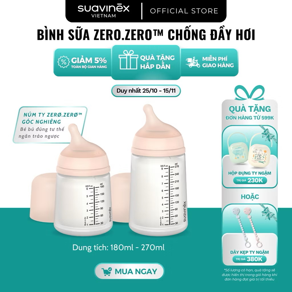 Bình sữa chống đầy hơi SUAVINEX ZERO.ZERO cho bé từ 0 tháng tuổi - 180ml & 270m 