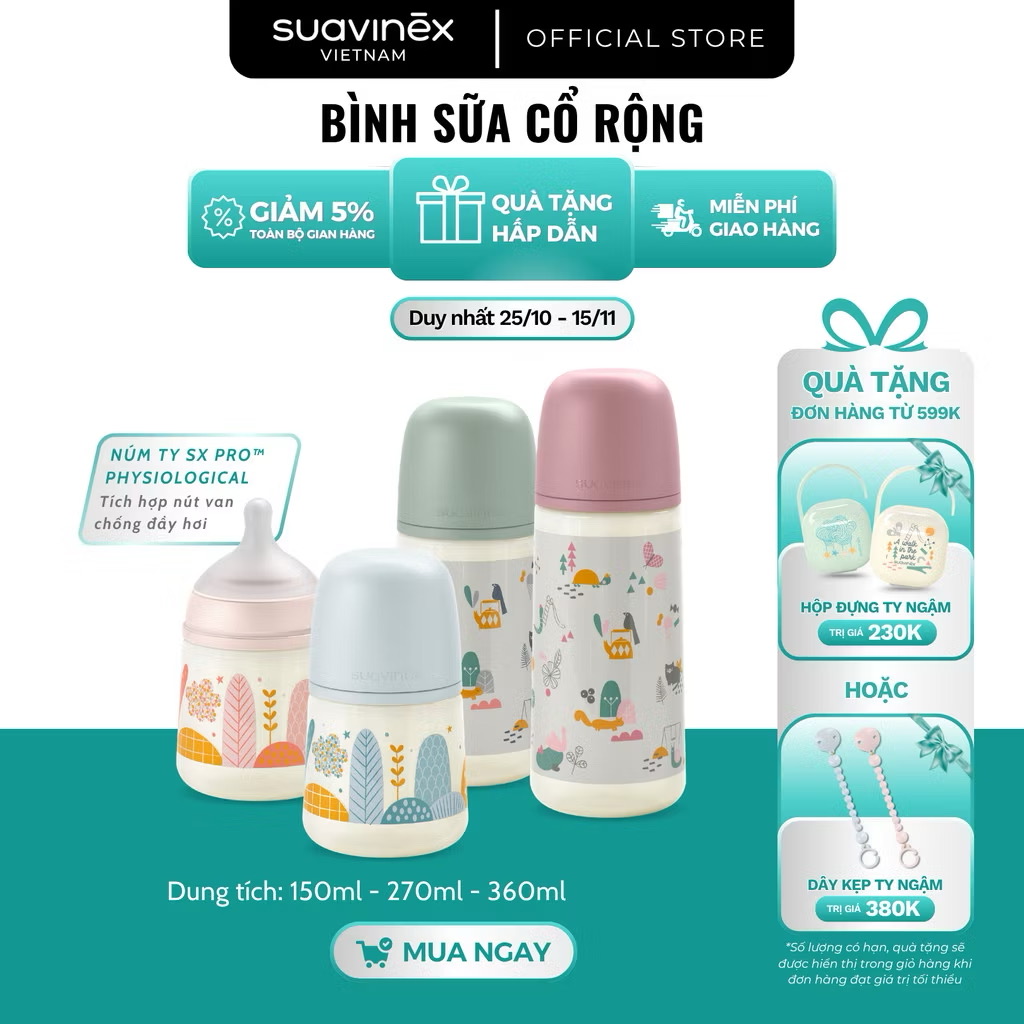 Bình sữa cổ rộng SX PRO SUAVINEX nhựa PP cho bé từ 0 tháng tuổi - 180ml & 270ml 