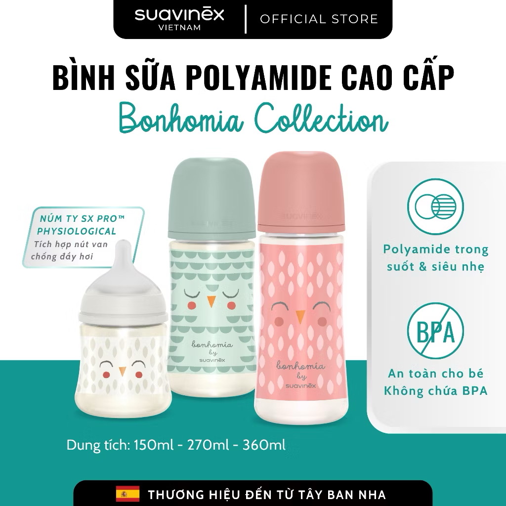 Bình sữa với núm ty SX PRO SUAVINEX nhựa PA cho bé từ 0 tháng tuổi - 180ml & 270ml 