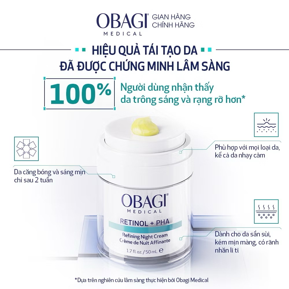 ￼[MỚI - VOUCHER SVIP 20%] Kem dưỡng tái tạo & trẻ hóa da ban đêm Obagi Medical Retinol + PHA (50ml) 