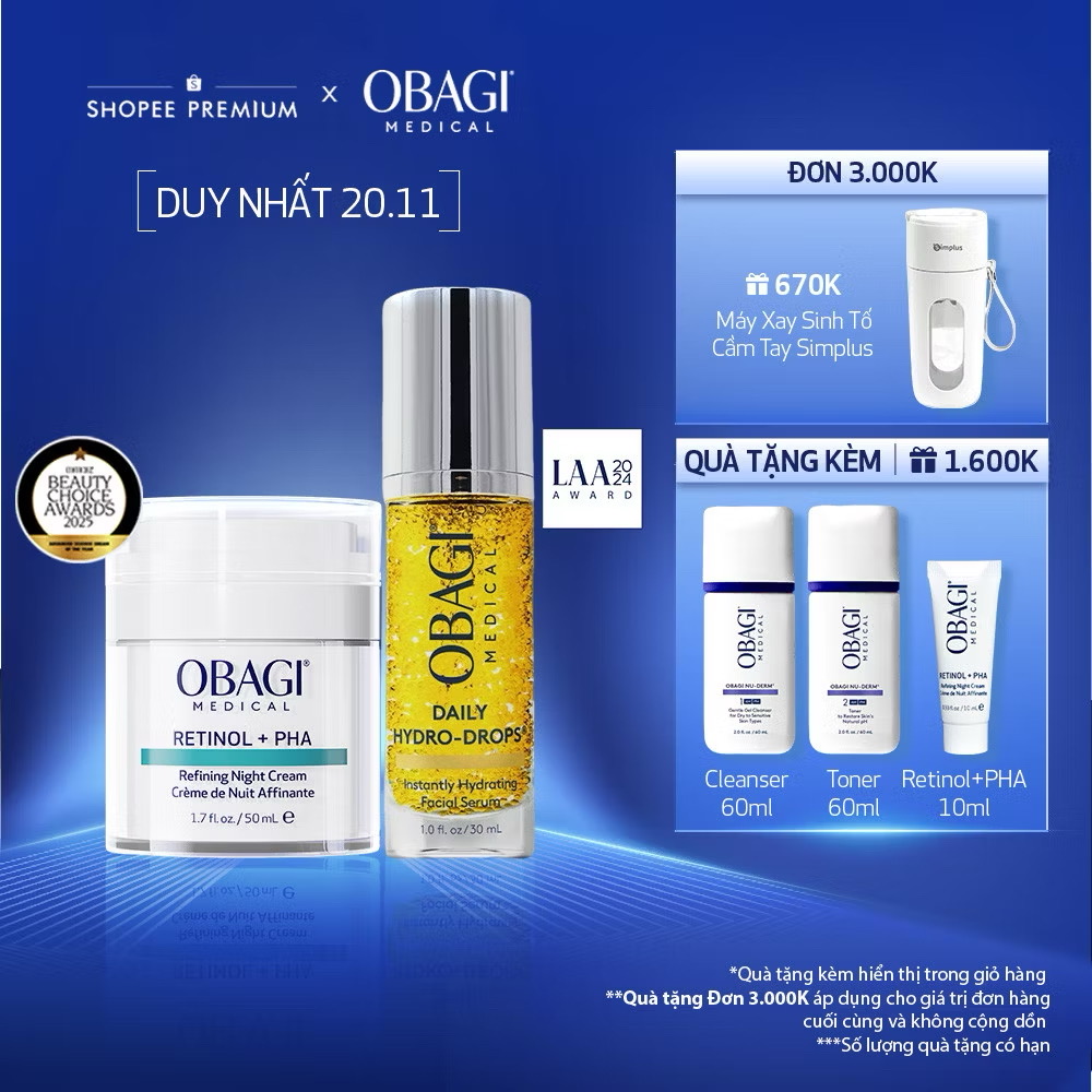 ￼Bộ đôi Kem tái tạo & ngăn ngừa lão hóa da Obagi Medical Retinol + PHA 50ml và Serum Daily Hydro-Drops 30ml 
