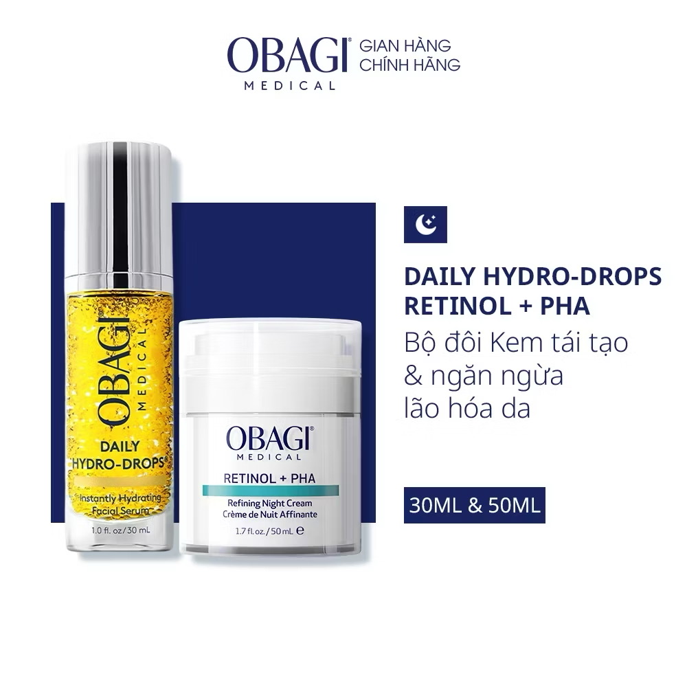 ￼Bộ đôi Kem tái tạo & ngăn ngừa lão hóa da Obagi Medical Retinol + PHA 50ml và Serum Daily Hydro-Drops 30ml 