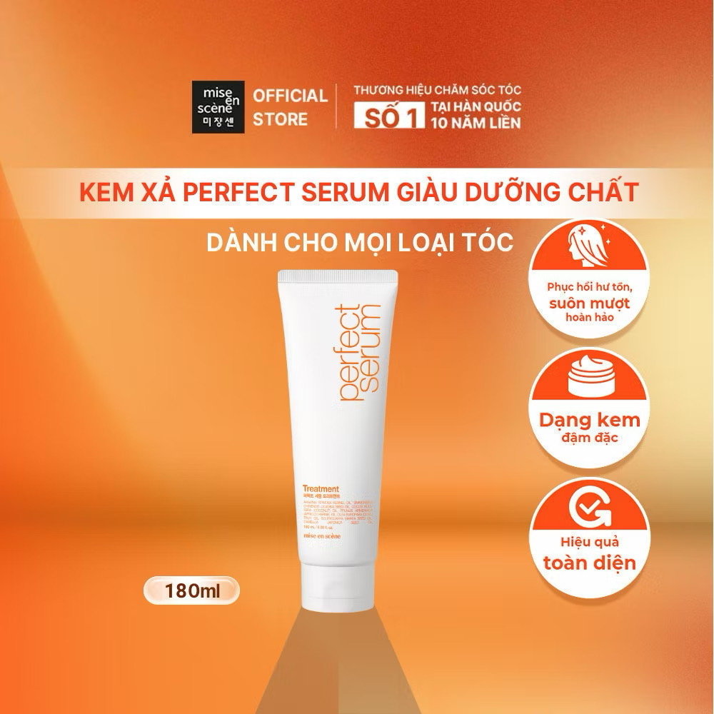 ￼Kem xả mise en scène Perfect Serum Treatment 180ml phục hồi hư tổn, nuôi dưỡng từ bên trong, giúp tóc suôn mượt hoàn hảo 