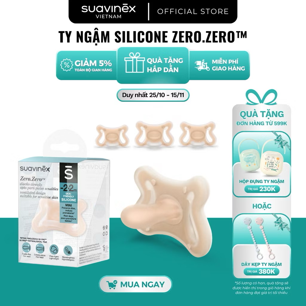 ￼Ty ngậm silicone nguyên khối với núm ty ZERO.ZERO SUAVINEX cho bé từ 0 tháng tuổi 