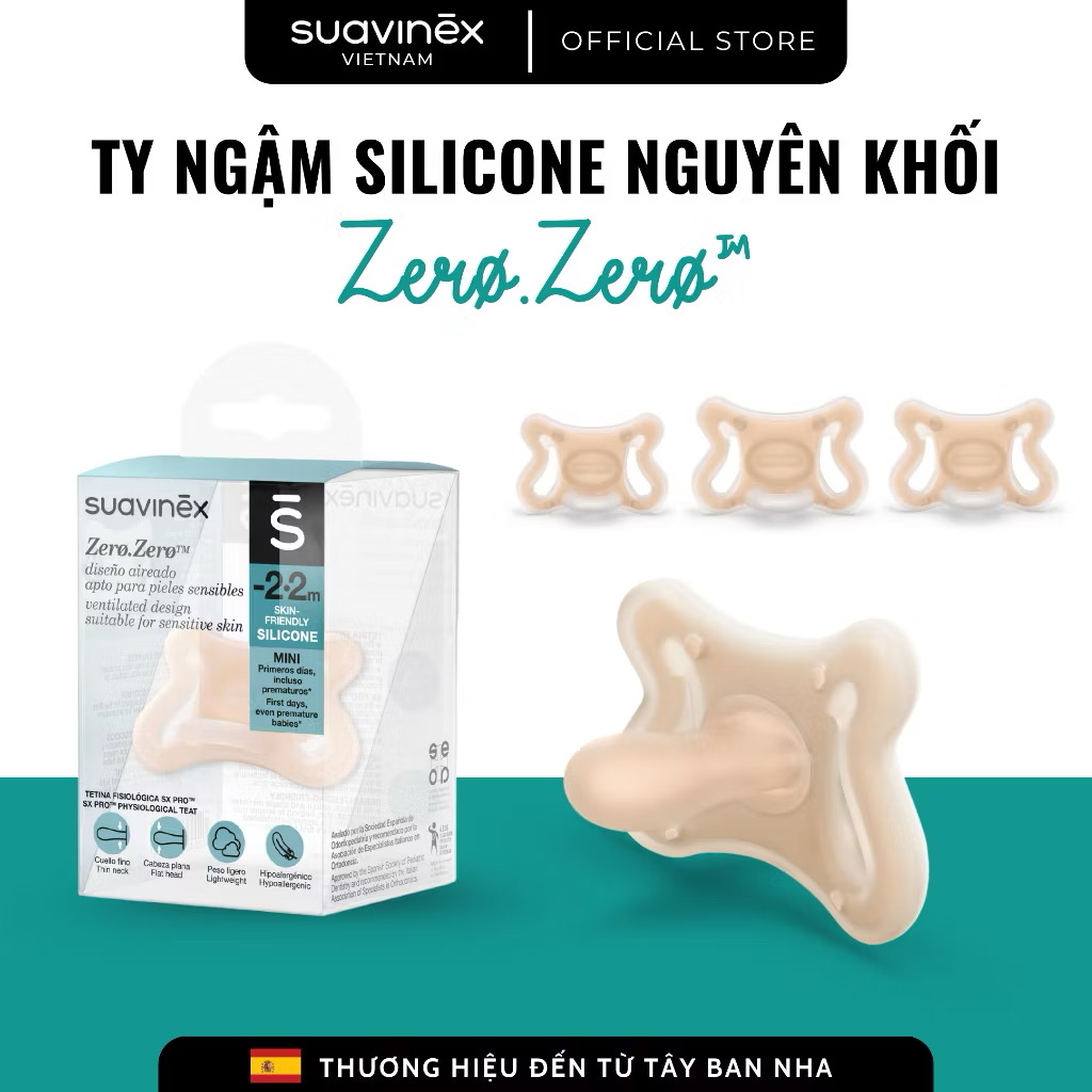 ￼Ty ngậm silicone nguyên khối với núm ty ZERO.ZERO SUAVINEX cho bé từ 0 tháng tuổi 
