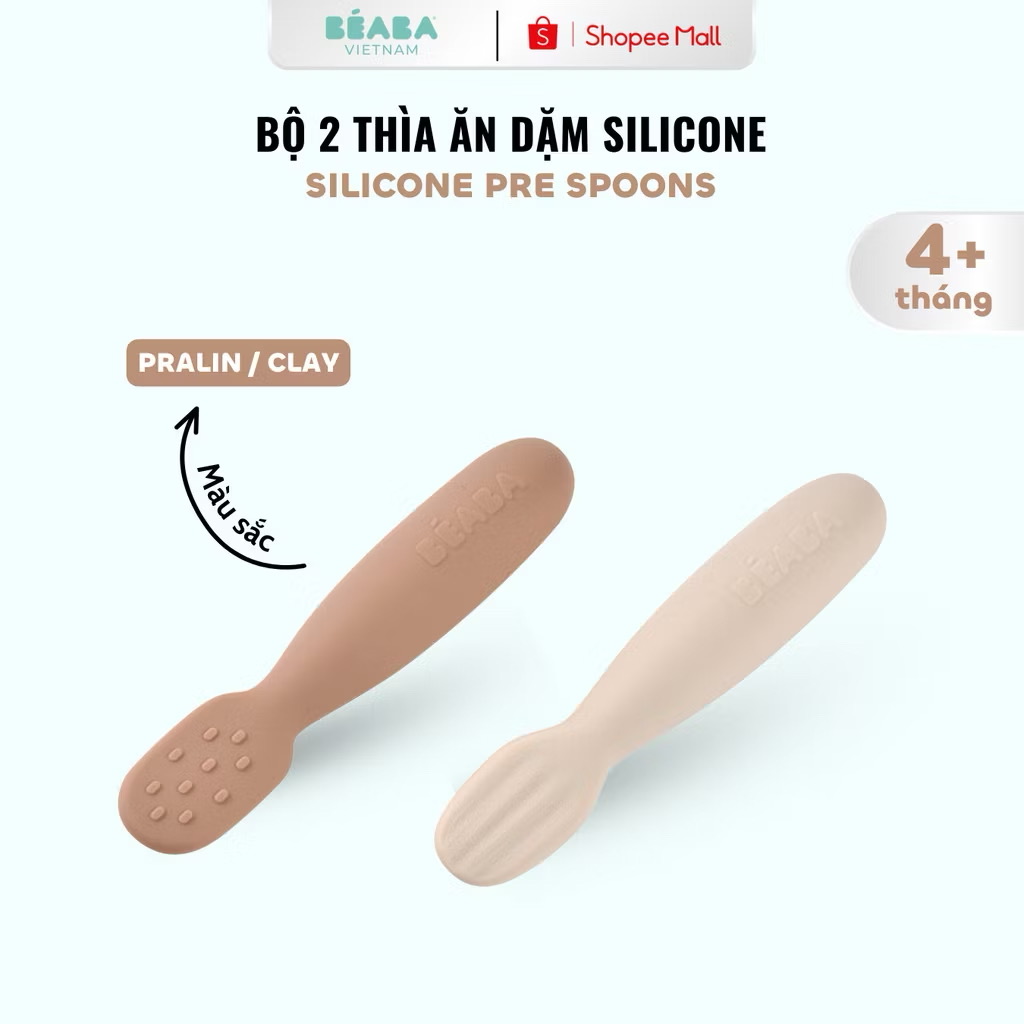￼Bộ 2 thìa ăn dặm Silicone PRE-SPOON BÉABA cho bé từ 4 tháng tuổi 