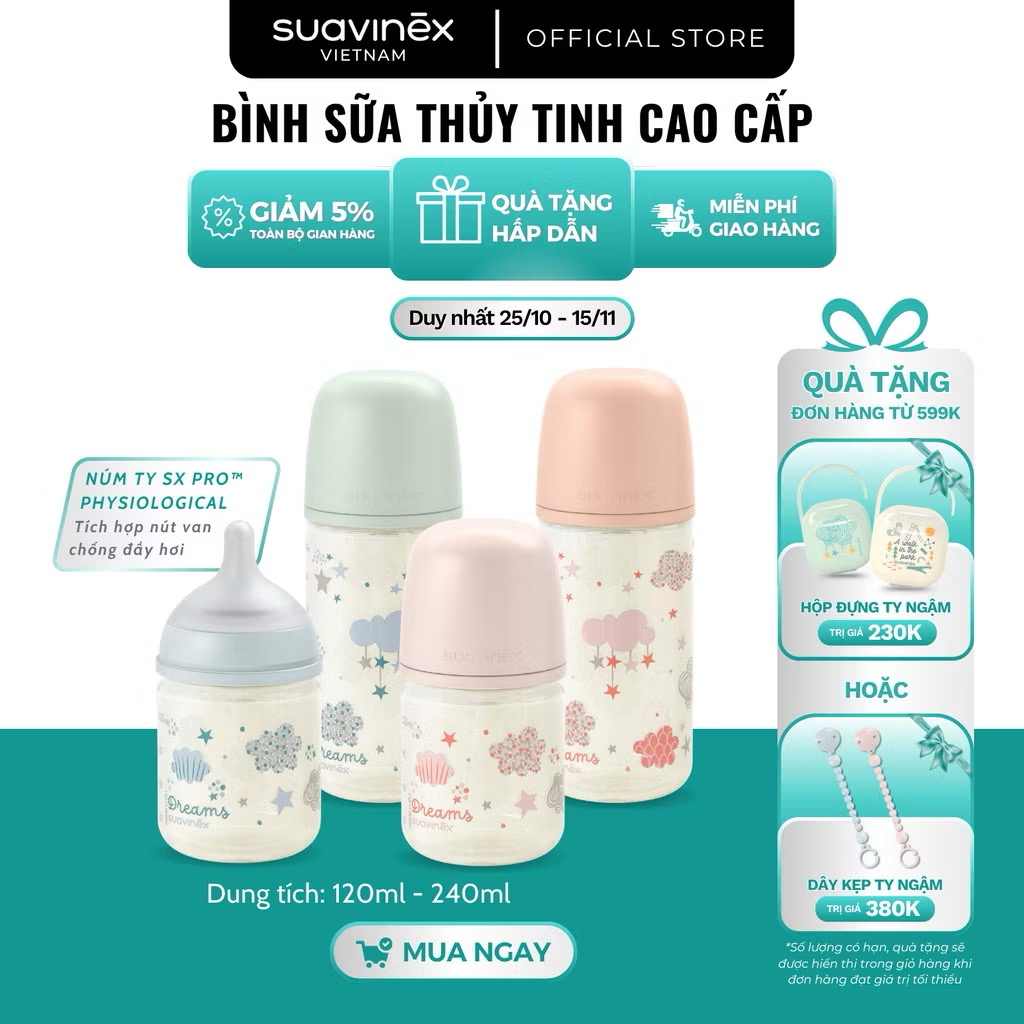 ￼Bình sữa thủy tinh SX PRO SUAVINEX cho bé từ 0 tháng tuổi 