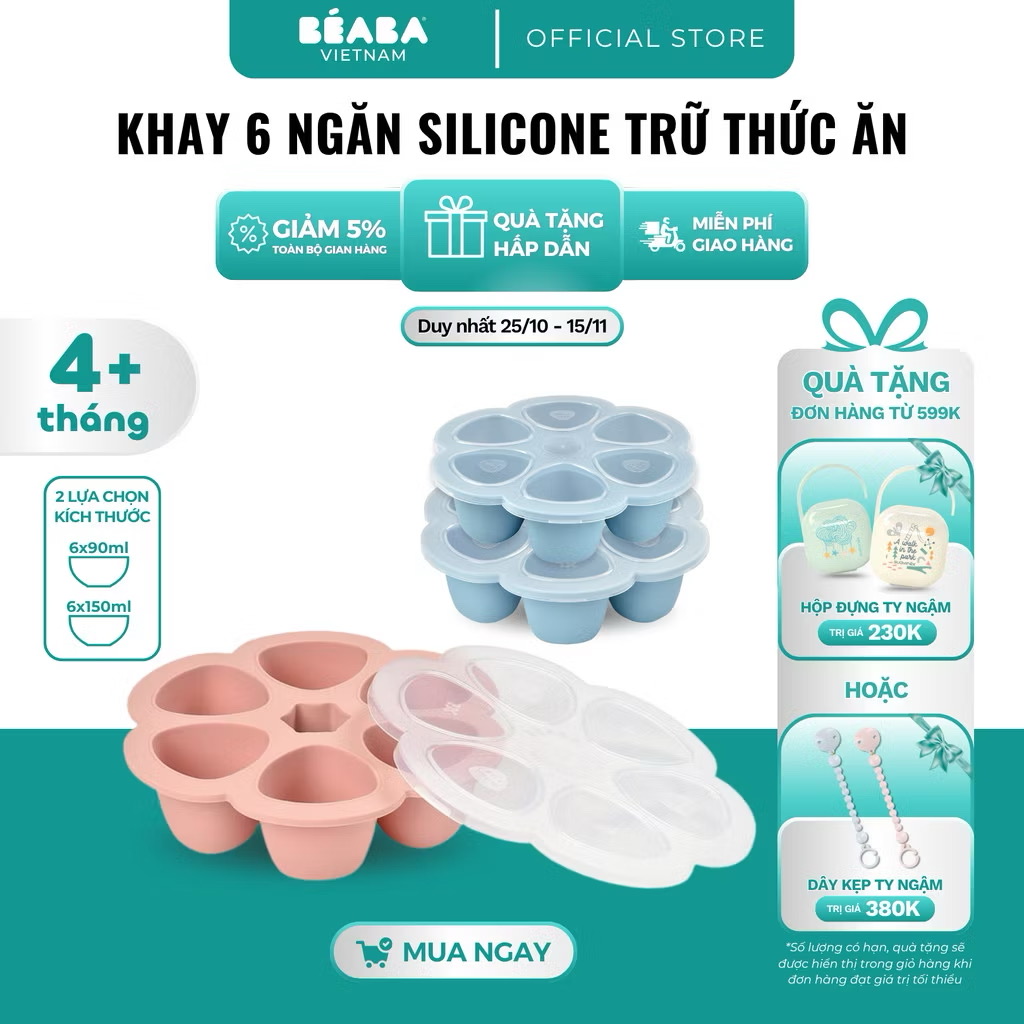 ￼Khay trữ đồ ăn dặm cho bé BÉABA - 6 ngăn silicone cao cấp, chịu nhiệt cao, có nắp đậy tiện dụng 