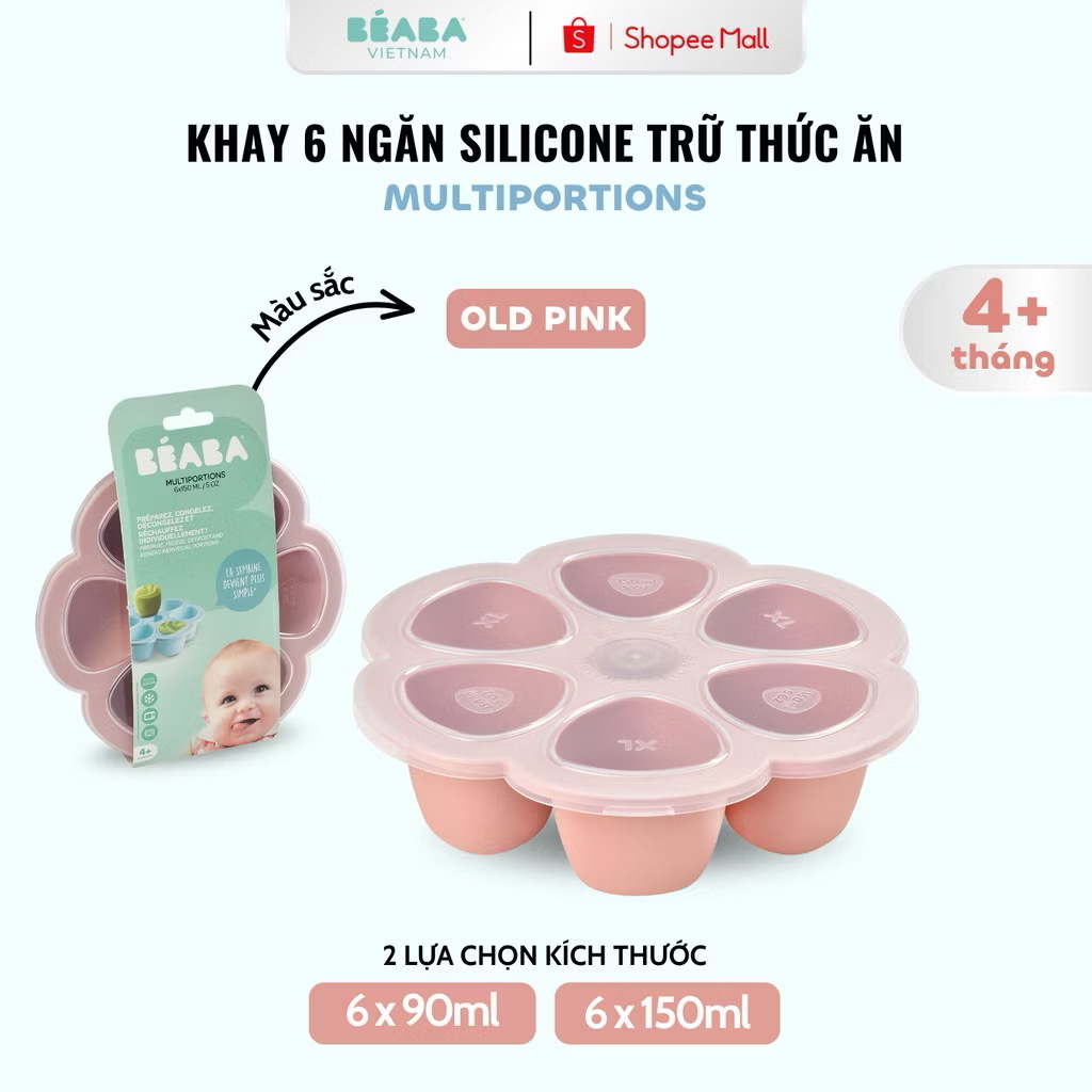 ￼Khay trữ đồ ăn dặm cho bé BÉABA - 6 ngăn silicone cao cấp, chịu nhiệt cao, có nắp đậy tiện dụng 