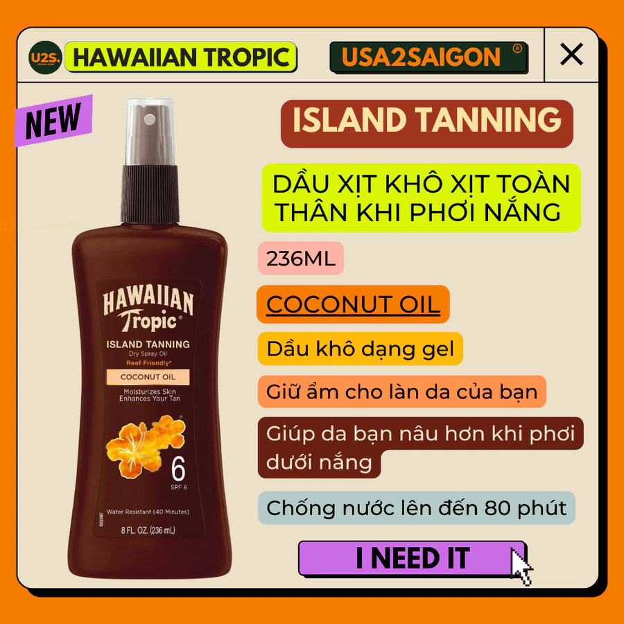 Dầu phơi nắng oil chống nắng Hawaiian Tropic Tanning Oil Pump Spray SPF 6 - SPF 15