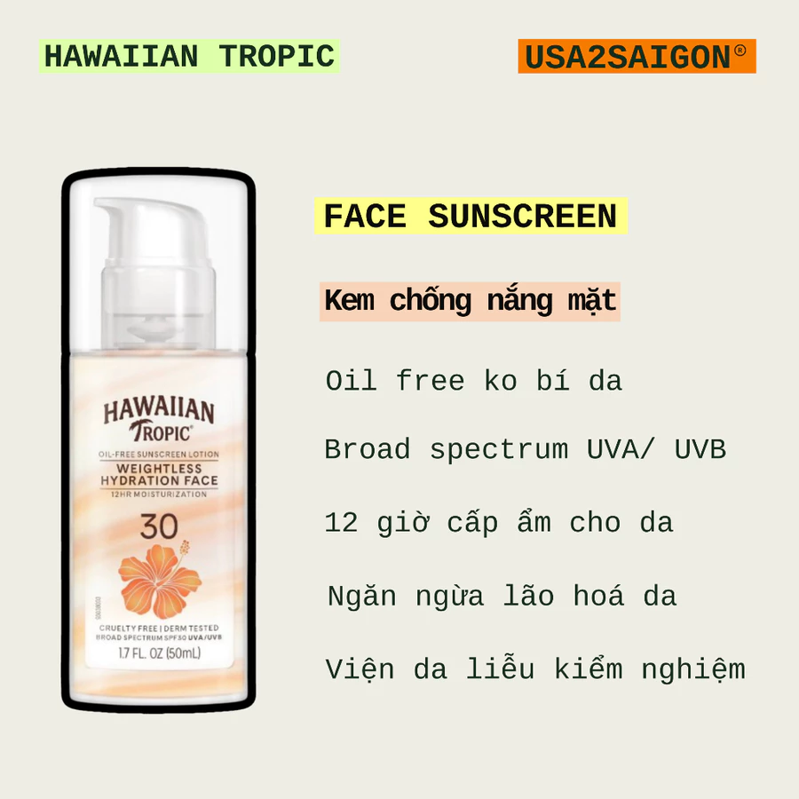 Kem chống nắng mặt Hawaiian Tropic Weightless Hydration Lotion for Face sunscreen SPF 30