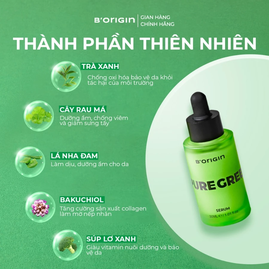 Serum Pure Green B'origin 30ml - Chứa Lô Hội & Bakuchiol, làm da căng mượt, tăng độ đàn hồi