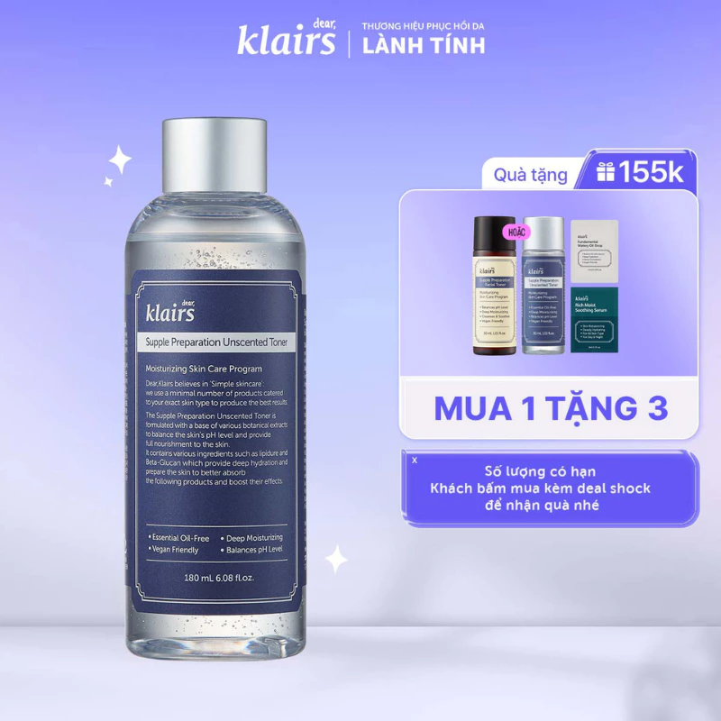 [Nhập COSDK4 giảm 20K đơn 199K] Nước hoa hồng Dear, Klairs Supple Preparation Unscented Toner 180ml