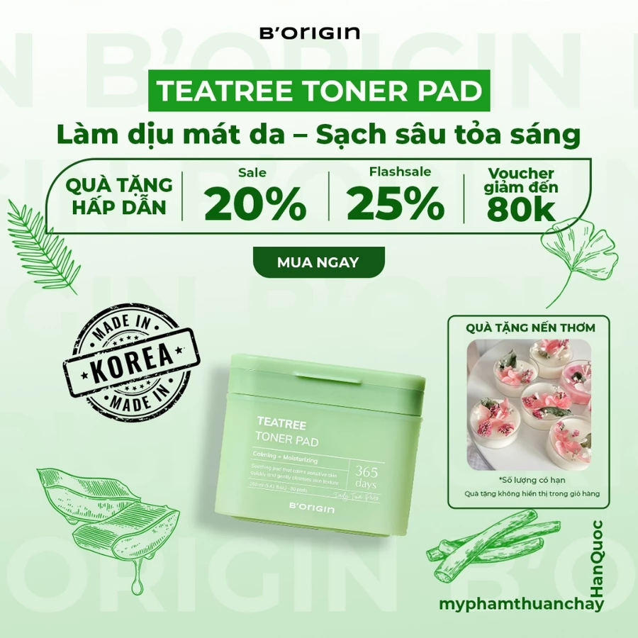 Toner Pads Teatree B'origin 160ml/80 miếng- Giảm kích ứng, sạch sâu cho da nhạy cảm