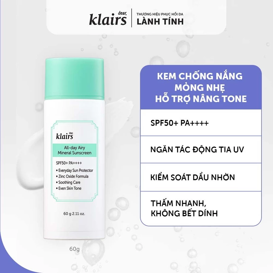 Dear, Klairs Kem chống nắng All-day Airy Mineral Sunscreen 60g