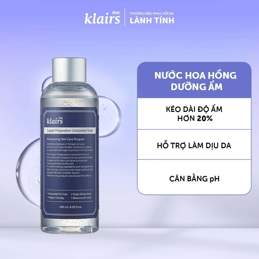 [Nhập COSDK4 giảm 20K đơn 199K] Nước hoa hồng Dear, Klairs Supple Preparation Unscented Toner 180ml