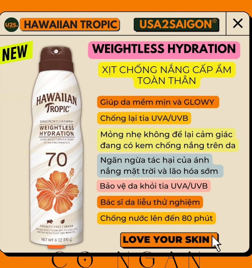 Xịt Chống Nắng Toàn Thân Hawaiian Tropic Clear Spray Sunscreen Silk Hydration SPF 70