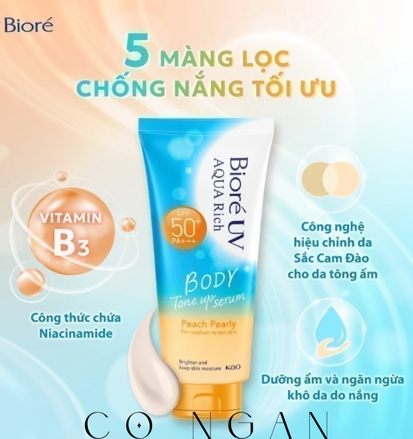 Biore UV Aqua Rich Serum Chống Nắng Dưỡng Thể Nâng Tông Peach Pearly 130ml