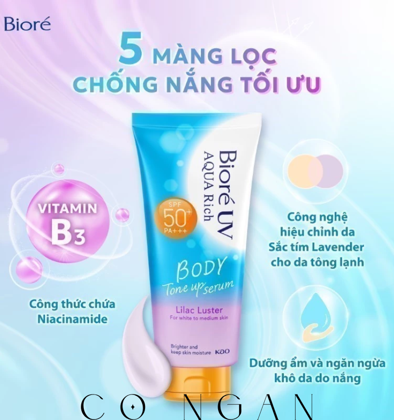 Biore UV Aqua Rich Serum Chống Nắng Dưỡng Thể Nâng Tông Lilac Luster 130ml