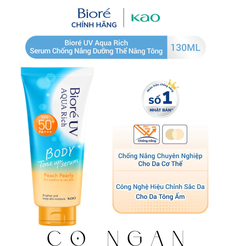 Biore UV Aqua Rich Serum Chống Nắng Dưỡng Thể Nâng Tông Peach Pearly 130ml