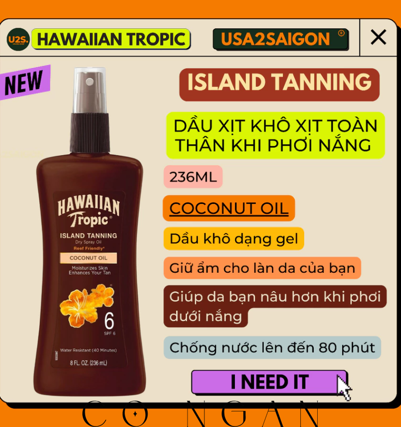 Dầu phơi nắng oil chống nắng Hawaiian Tropic Tanning Oil Pump Spray SPF 6 - SPF 15